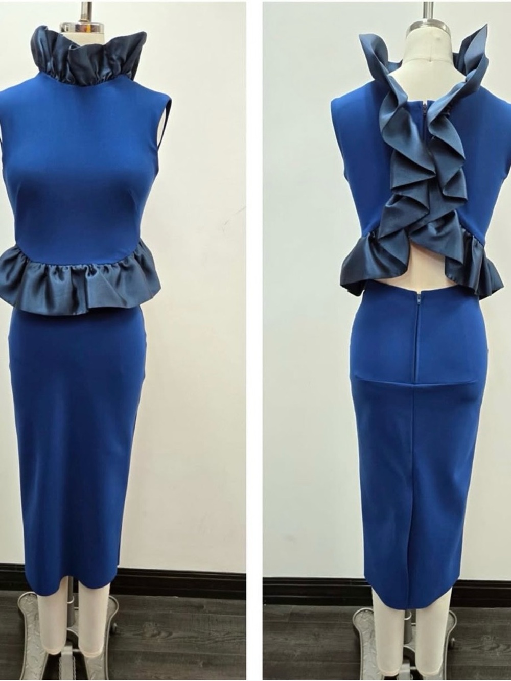 Greta Constantine F16 Zahra Navy Ruffle Peplum Maxi Dress